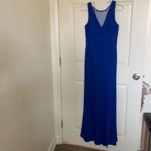 Cobalt blue evening gown with slit at the leg and mesh on the neck and waist